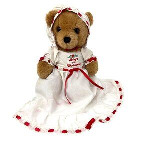 Vintage 1st Christmas Teddy Bear By Dakin 1983 White Red Dress Bonnet Babys